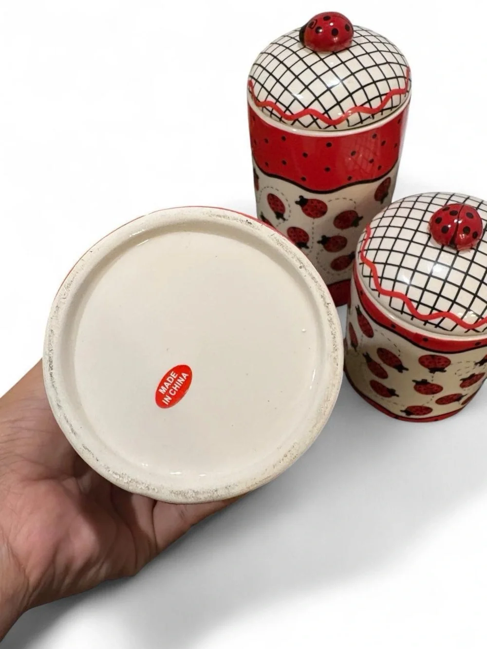 Vintage Ladybug Kitchen Canisters Set 3 Pc Ceramic Storage Jars Cottagecore